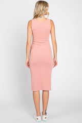 Light Pink Ribbed Fitted Midi Dress