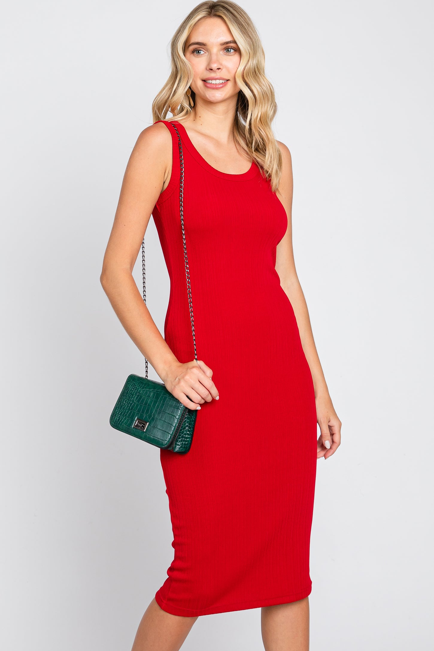 Red Ribbed Fitted Midi Dress