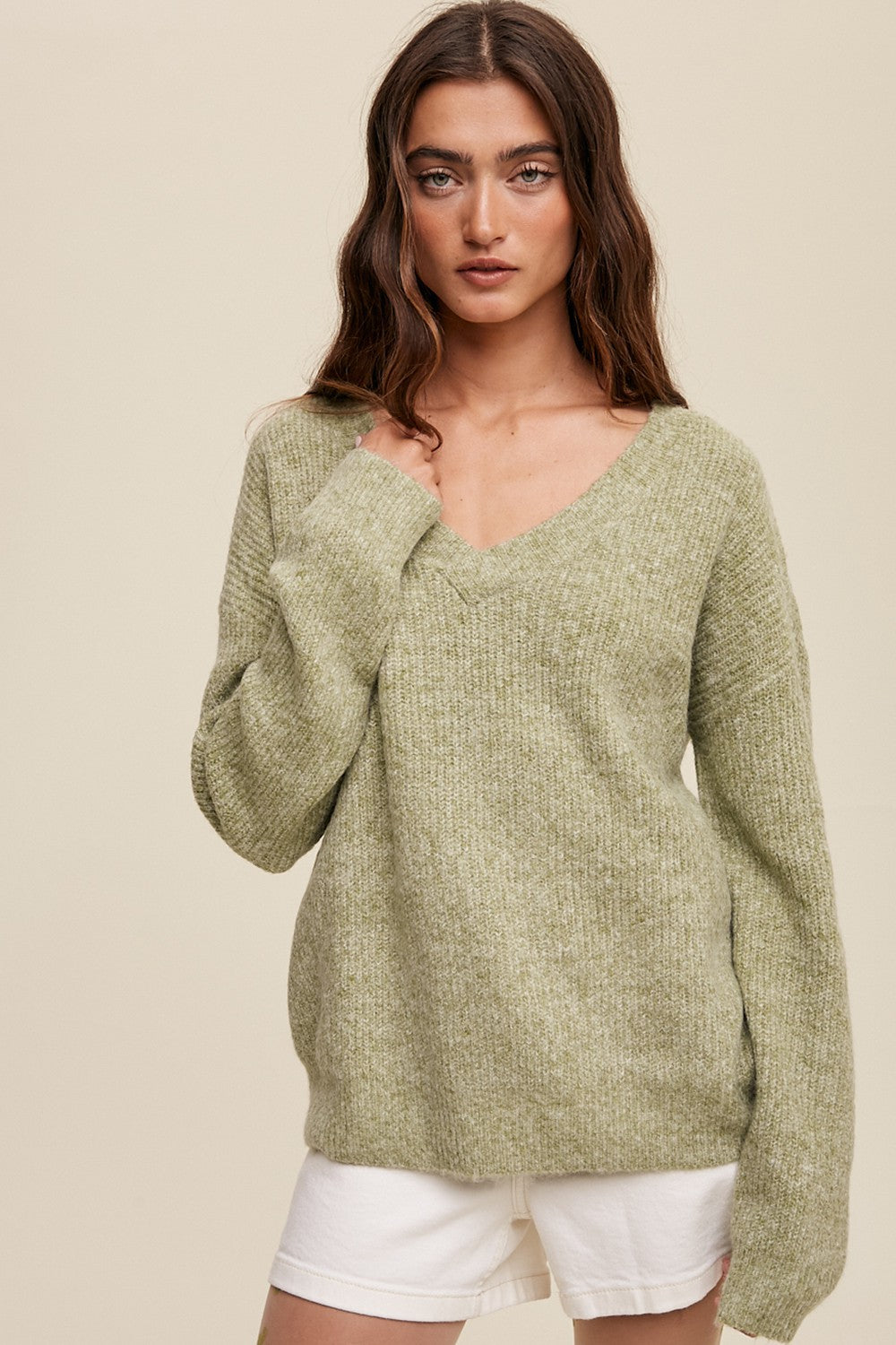 Olive V-Neck Relaxed Fit Sweater