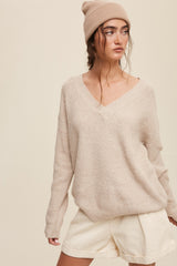 Taupe V-Neck Relaxed Fit Sweater