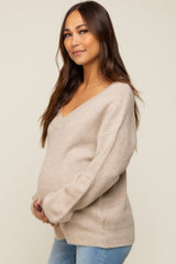 Taupe V-Neck Relaxed Fit Maternity Sweater