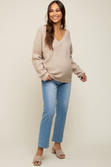Taupe V-Neck Relaxed Fit Maternity Sweater