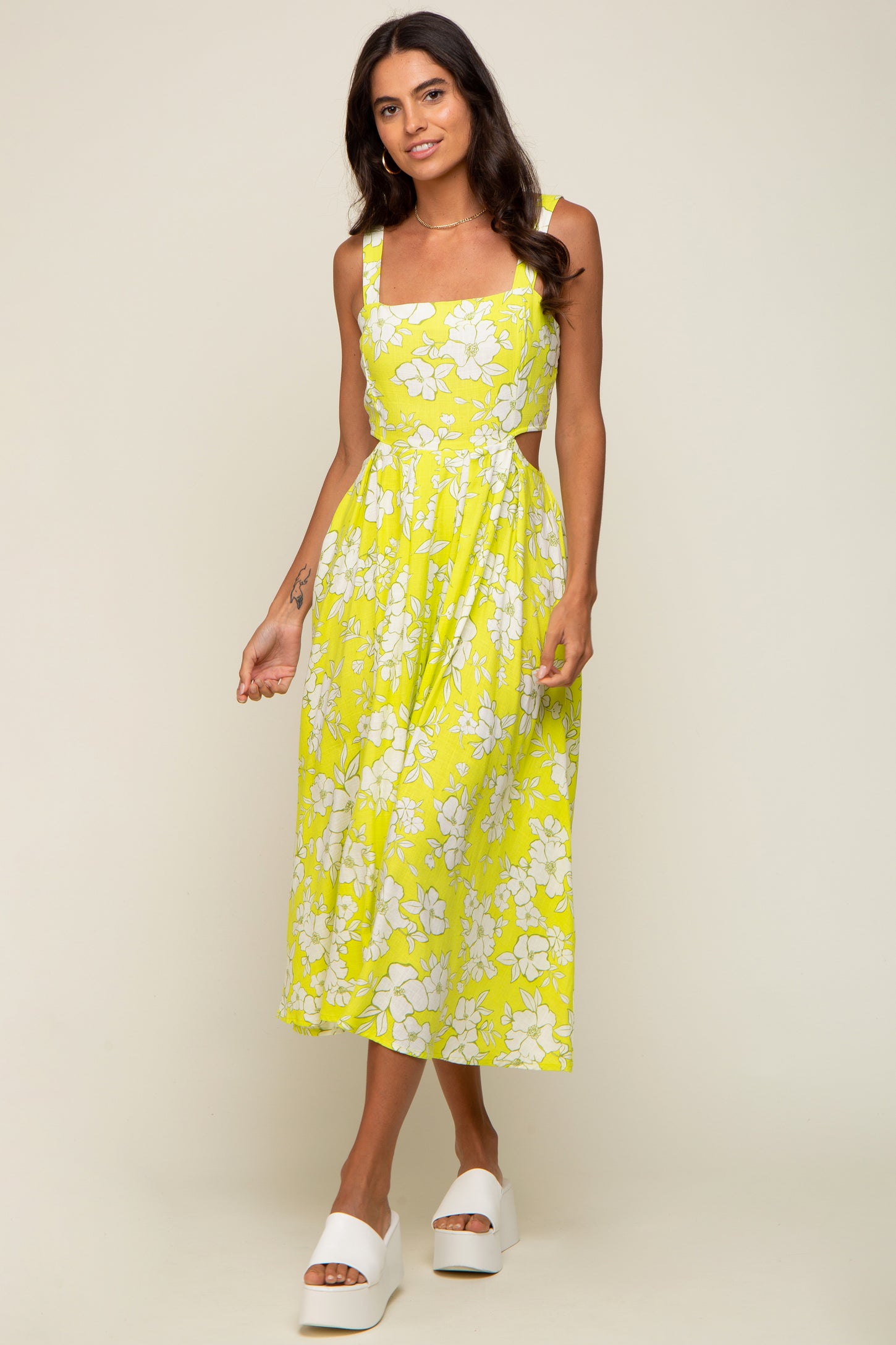 Lime Floral Sleeveless Side Cutout Midi Dress