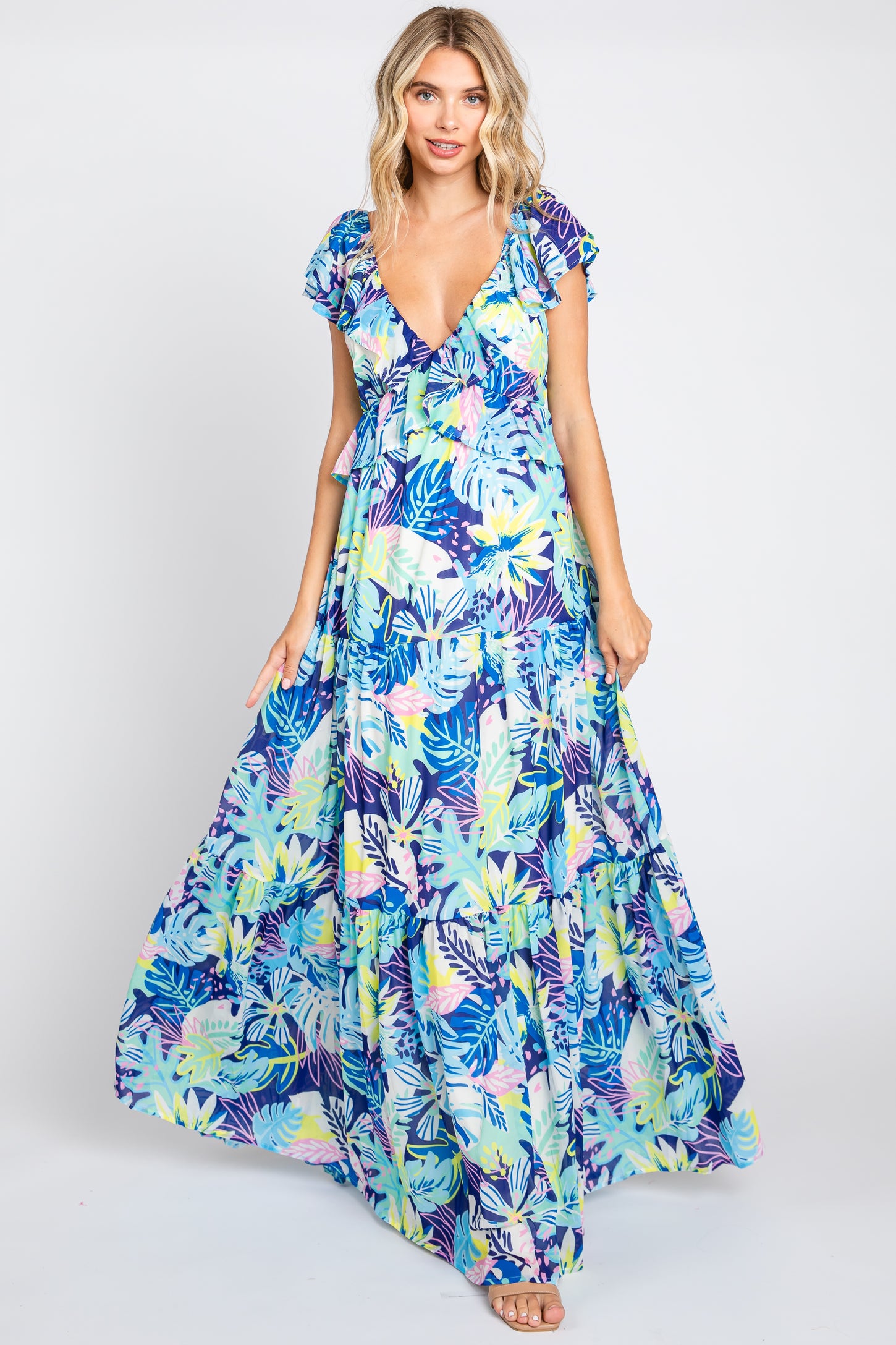 Blue Floral Ruffle Accent Maternity Maxi Dress