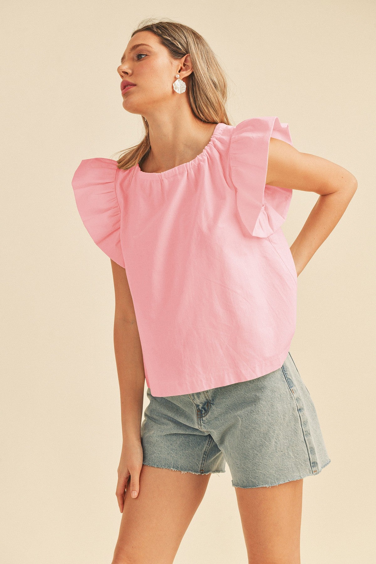 Cool Pink Flutter Sleeve Babydoll Top