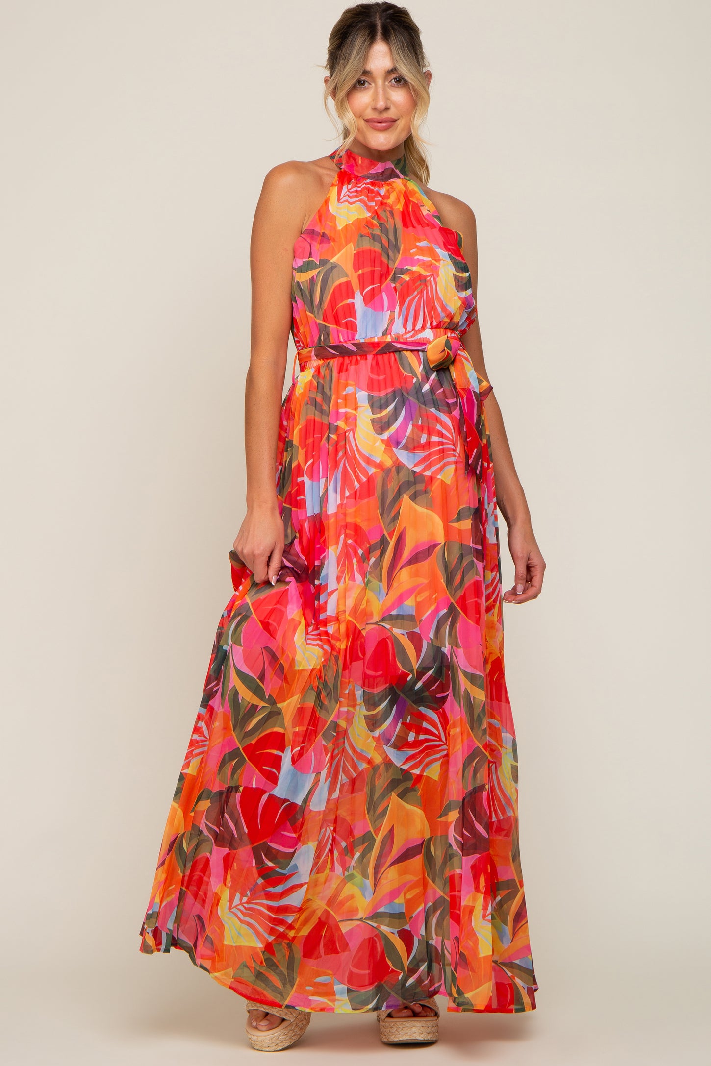 Multi-Color Palm Print Pleated Chiffon Maternity Maxi Dress