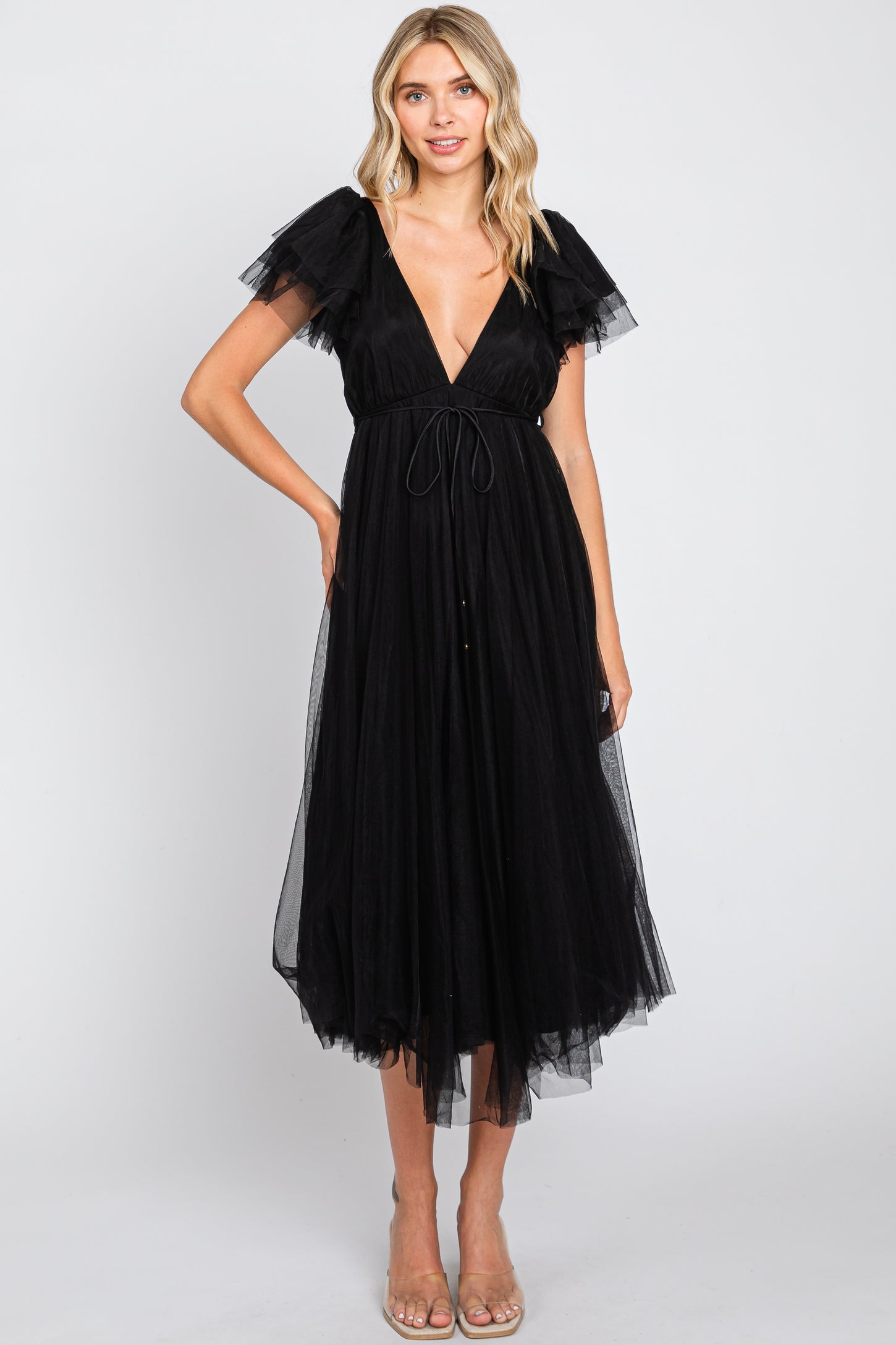 Black Tulle V-Neck Flutter Sleeve Maternity Midi Dress PinkBlush Black Tulle V-Neck Flutter Sleeve Maternity Midi Dress PinkBlush