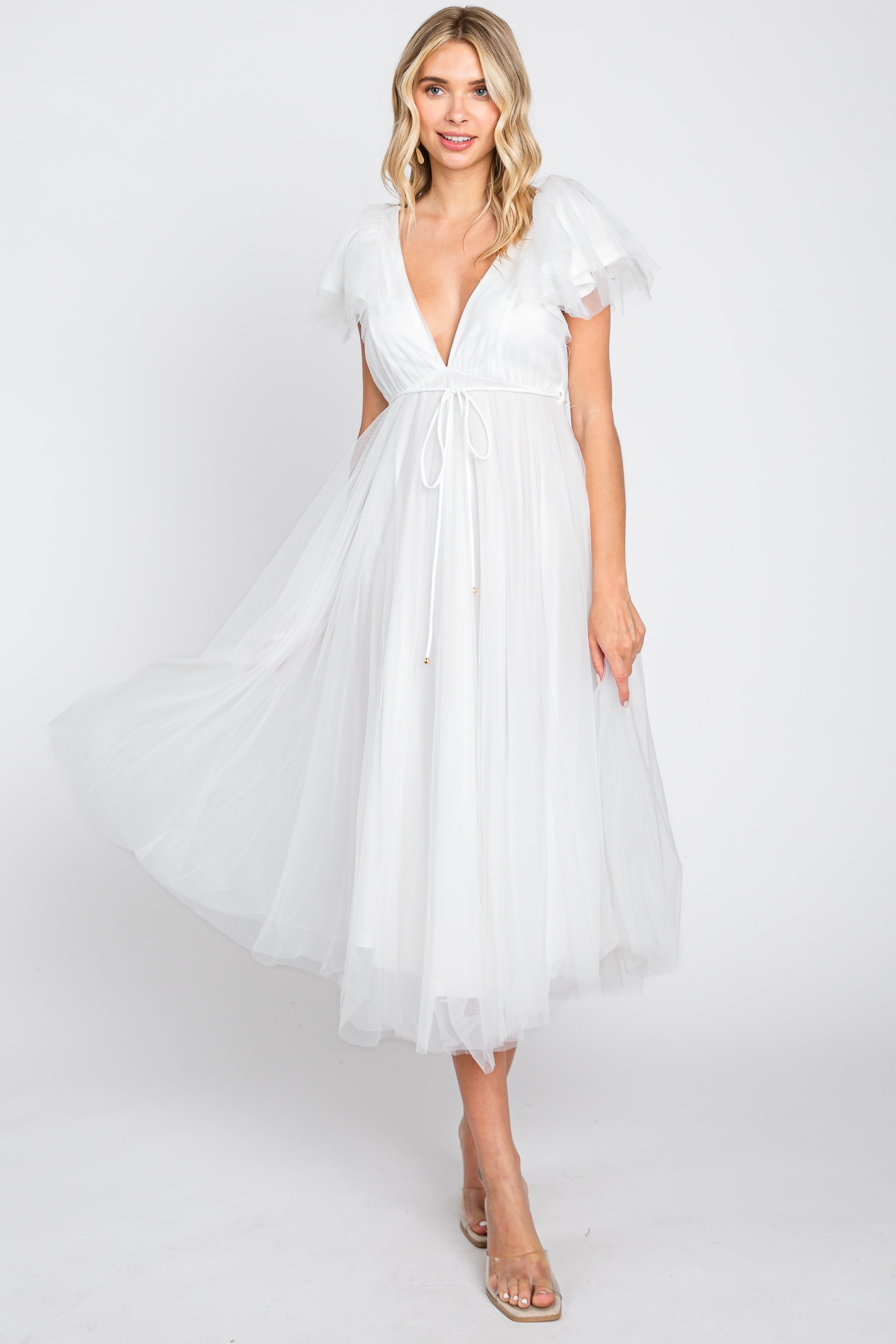 White Tulle V-Neck Flutter Sleeve Maternity Midi Dress Medium