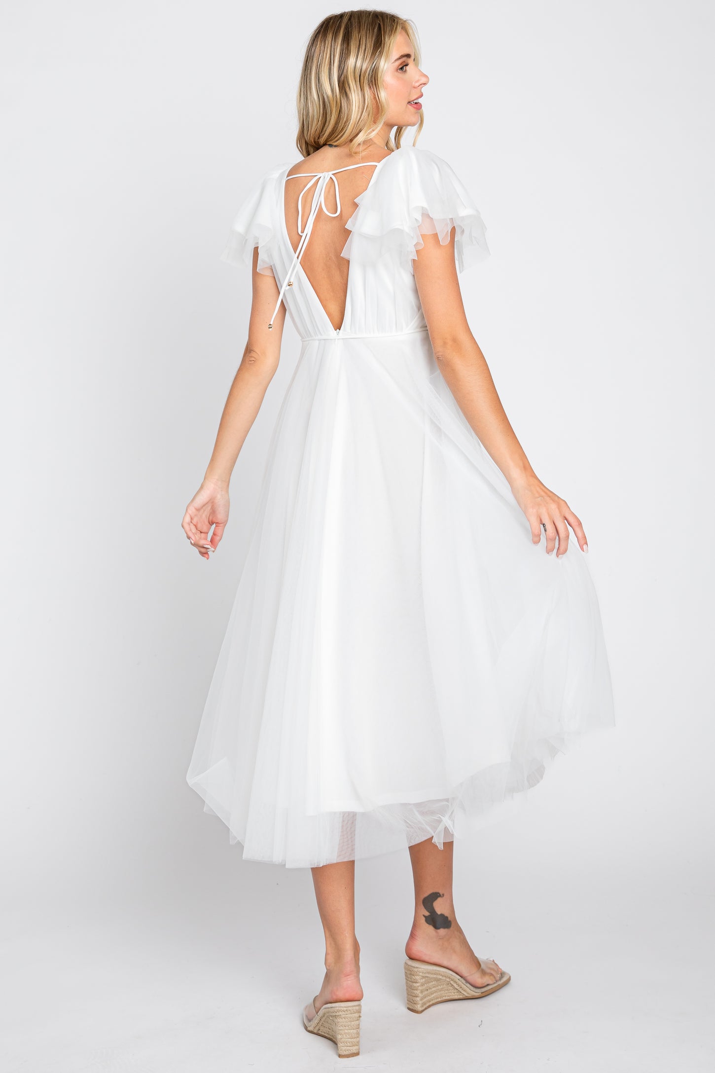White Tulle V-Neck Flutter Sleeve Midi Dress – PinkBlush