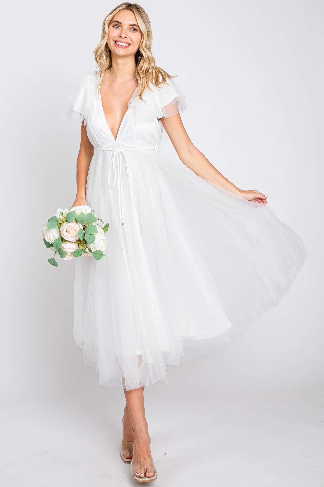 White Tulle V-Neck Flutter Sleeve Maternity Midi Dress Medium