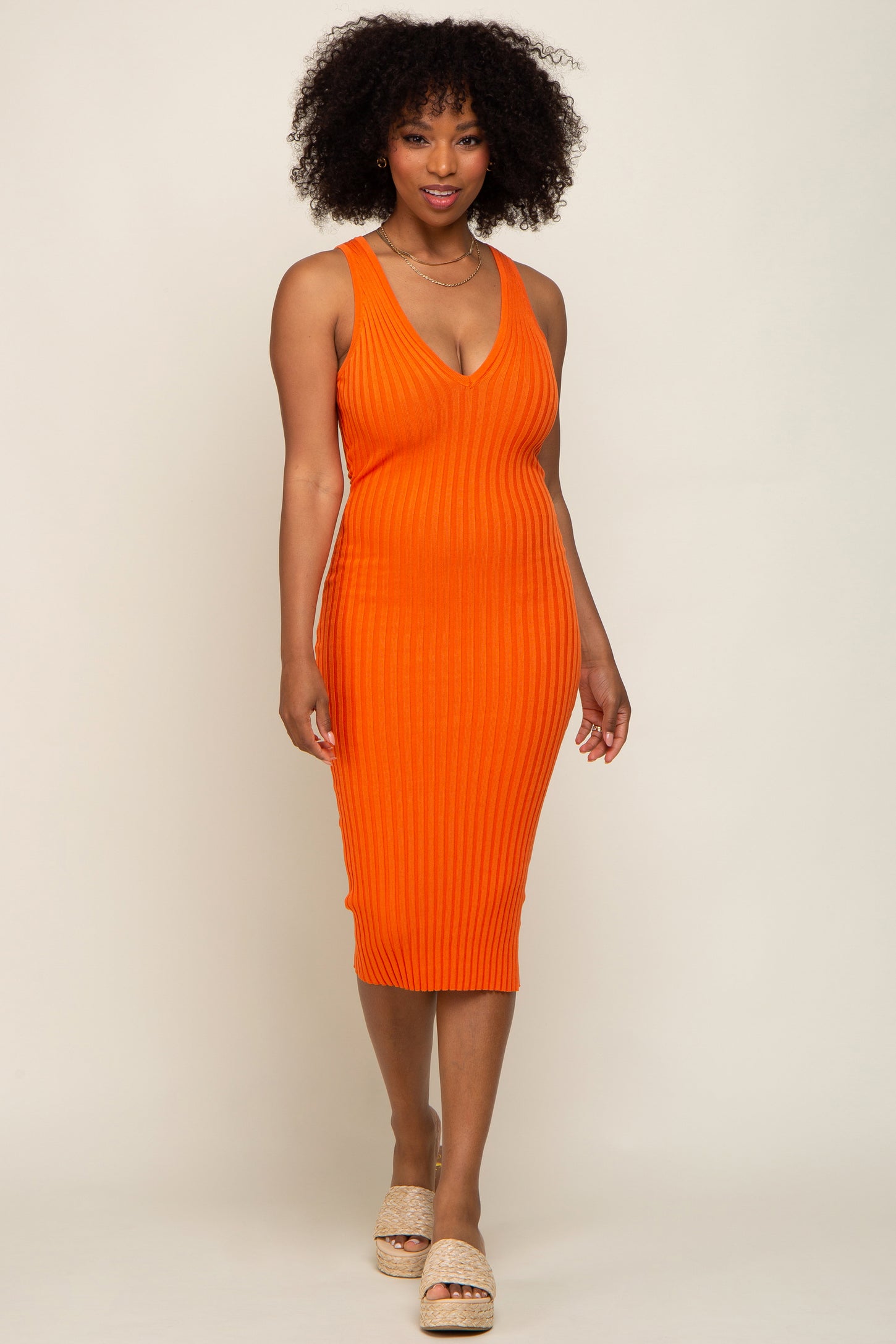 Orange Ribbed Knit Fitted V-Neck Midi Dress PinkBlush Orange Ribbed Knit Fitted V-Neck Midi Dress PinkBlush