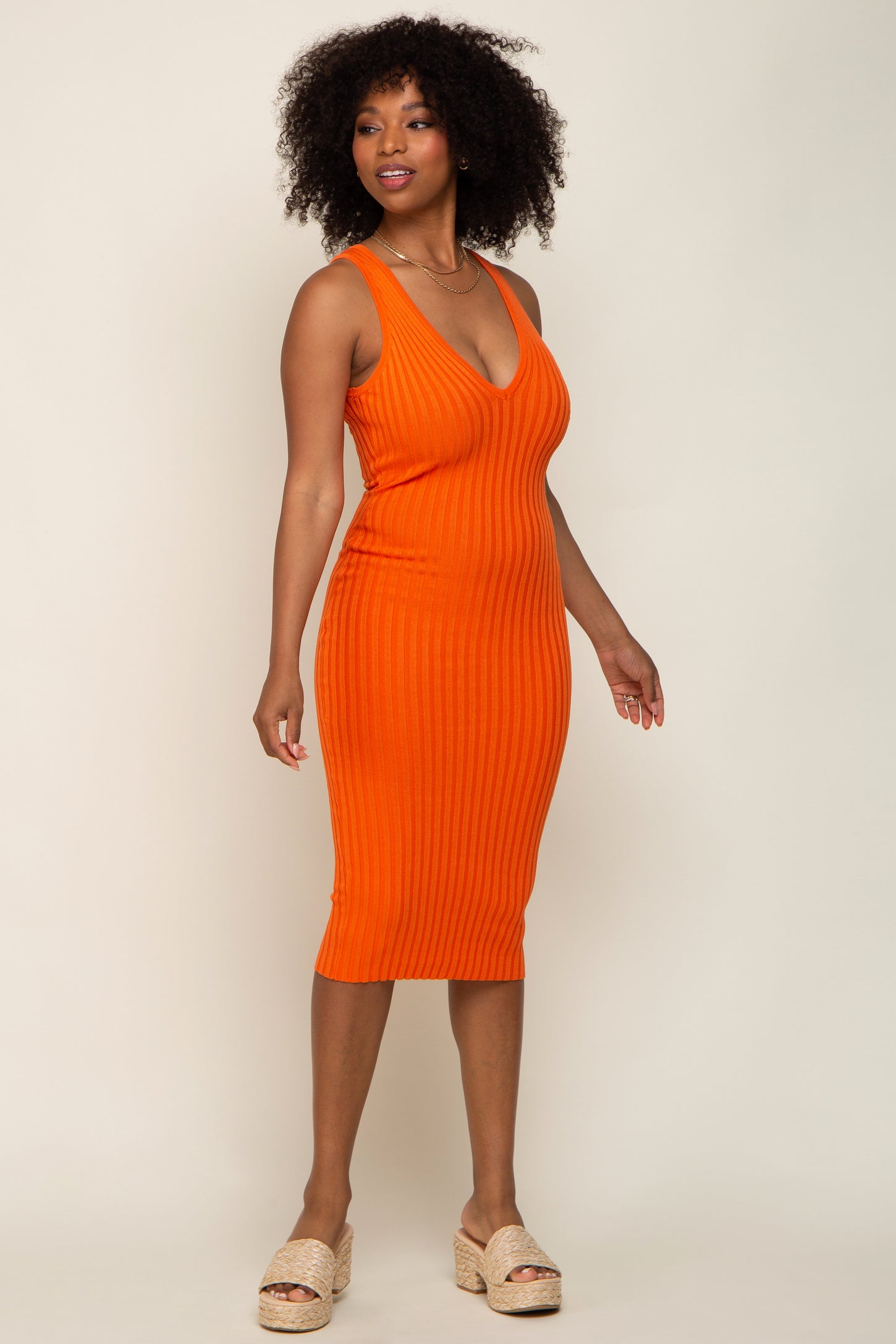 Orange Ribbed Knit Fitted V-Neck Midi Dress PinkBlush Orange Ribbed Knit Fitted V-Neck Midi Dress PinkBlush