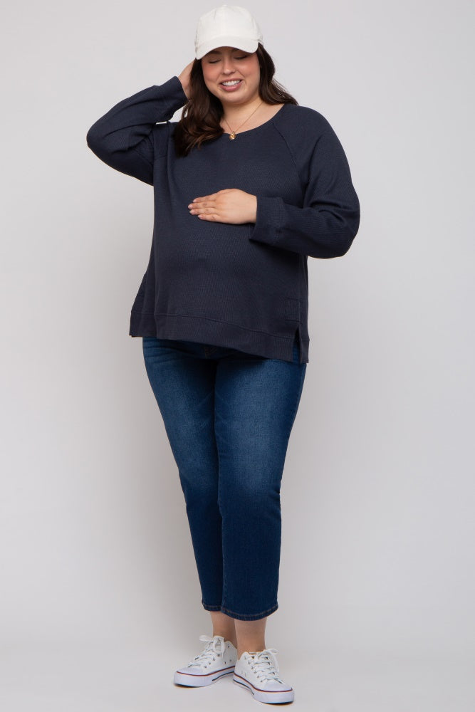 Navy Oversized Waffle Knit Maternity Plus Long Sleeve Top