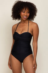 Black Ruched Halter One Piece Swimsuit
