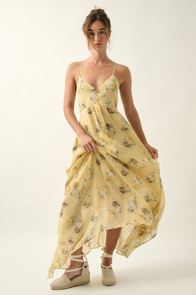 handkerchief maxi dresses Sunshine Floral Swiss Dot Chiffon Handkerchief Maxi Dress