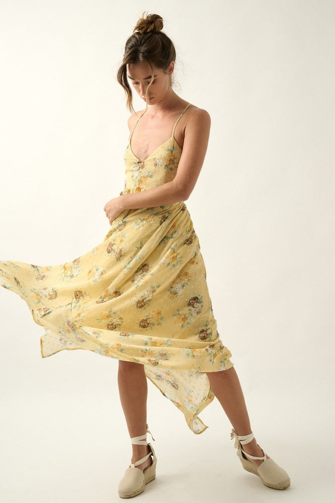 Sunshine Floral Swiss Dot Chiffon Handkerchief Maxi Dress