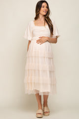 Cream Dot Smocked Ruffle Tiered Maternity Midi Dress
