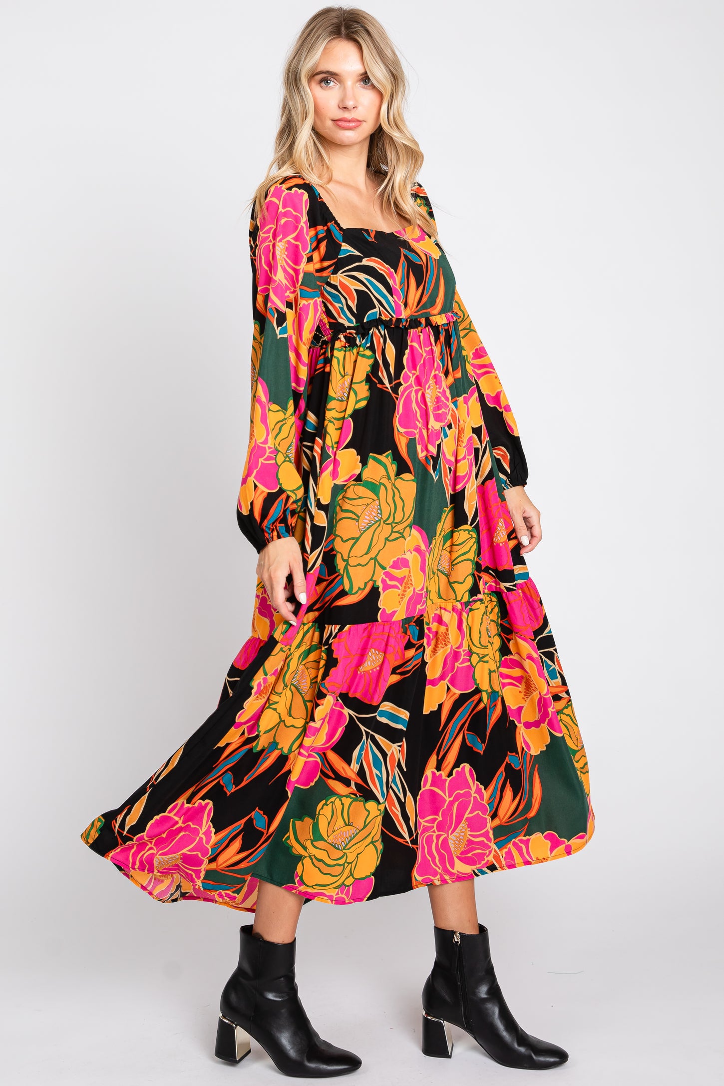 Black Floral Long Sleeve Midi Dress PinkBlush Black Floral Long Sleeve Midi Dress PinkBlush