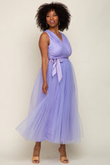 Lavender Wrap V-Neck Waist Tie Tulle Maternity Midi Dress