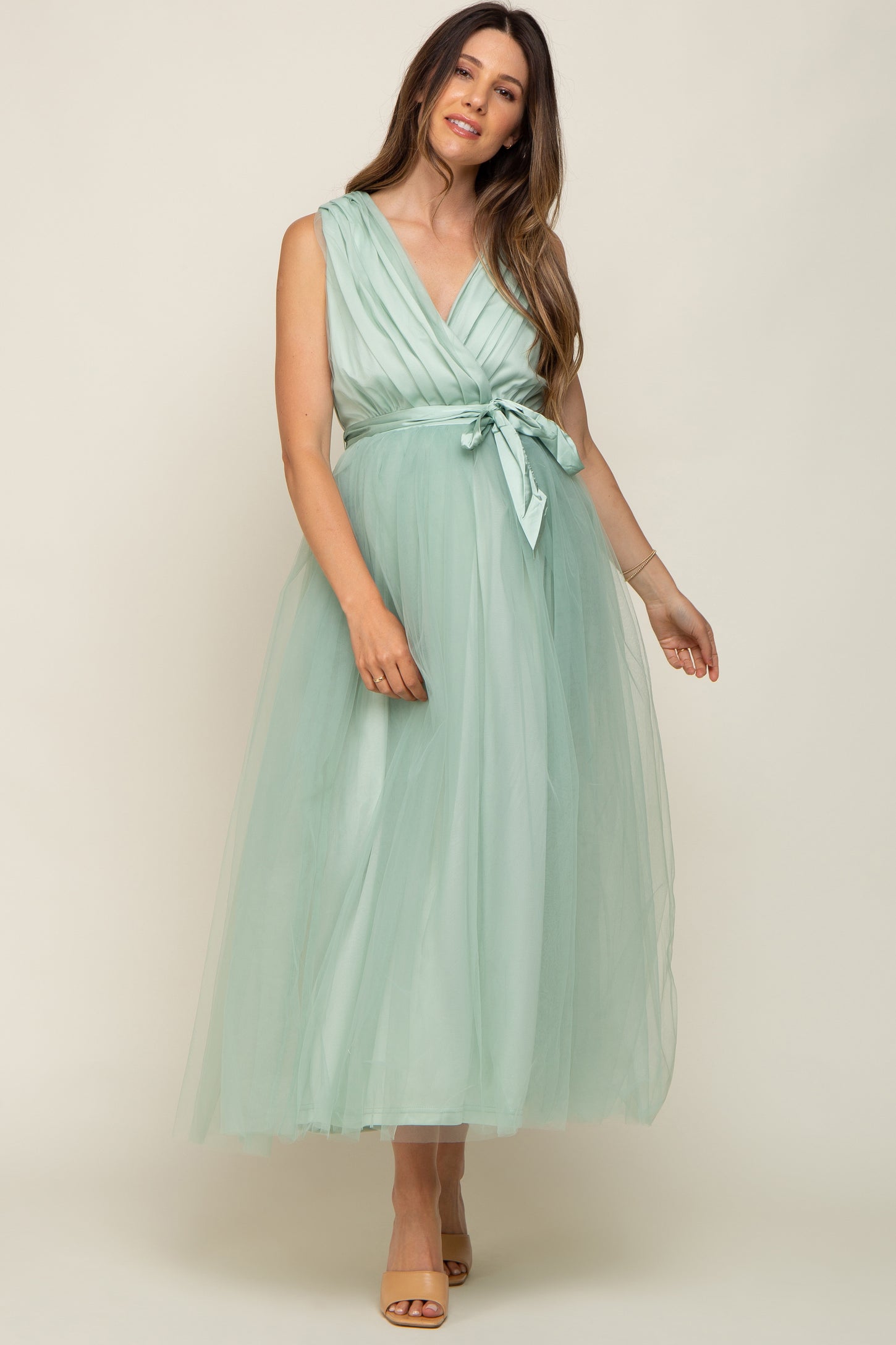 Mint Green Wrap V-Neck Waist Tie Tulle Maternity Midi Dress