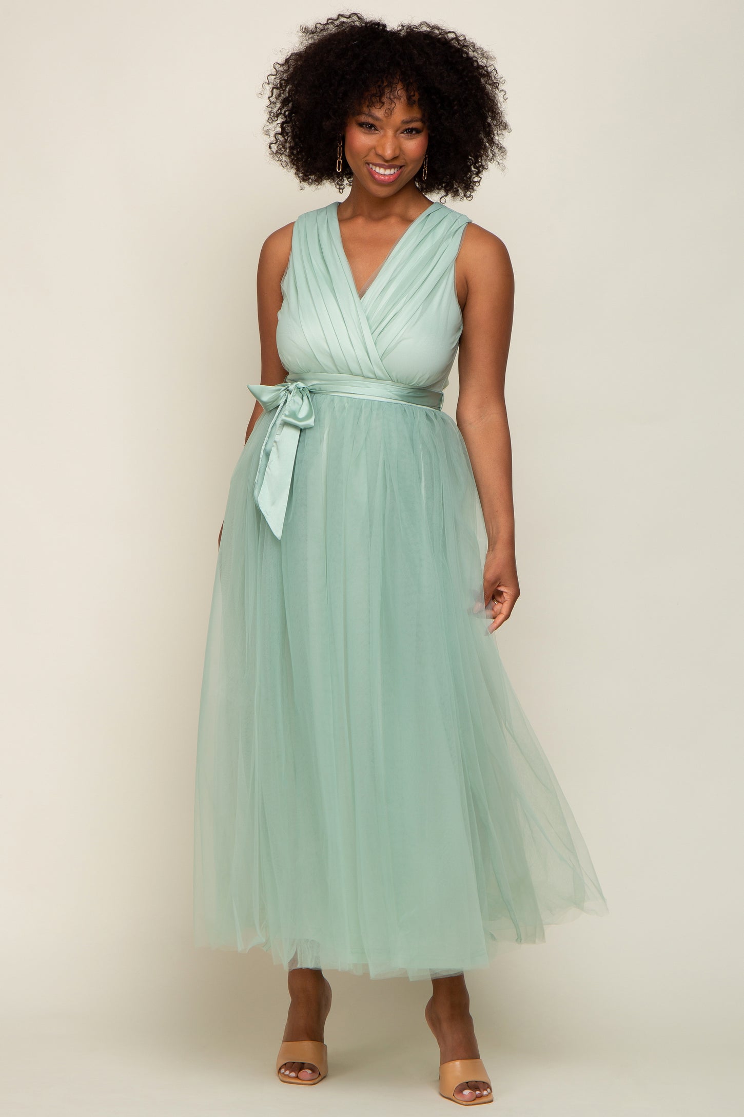 Mint Green Wrap V-Neck Waist Tie Tulle Maternity Midi Dress PinkBlush Mint Green Wrap V-Neck Waist Tie Tulle Maternity Midi Dress PinkBlush