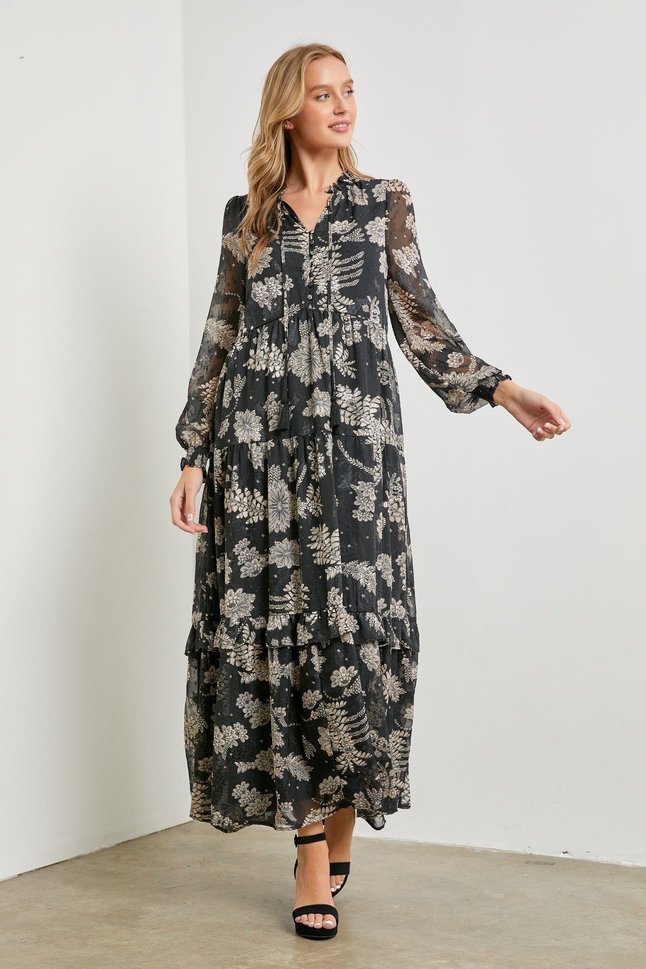 Black Floral Front Button Tiered Maxi Dress Black Floral Front Button Tiered Maxi Dress
