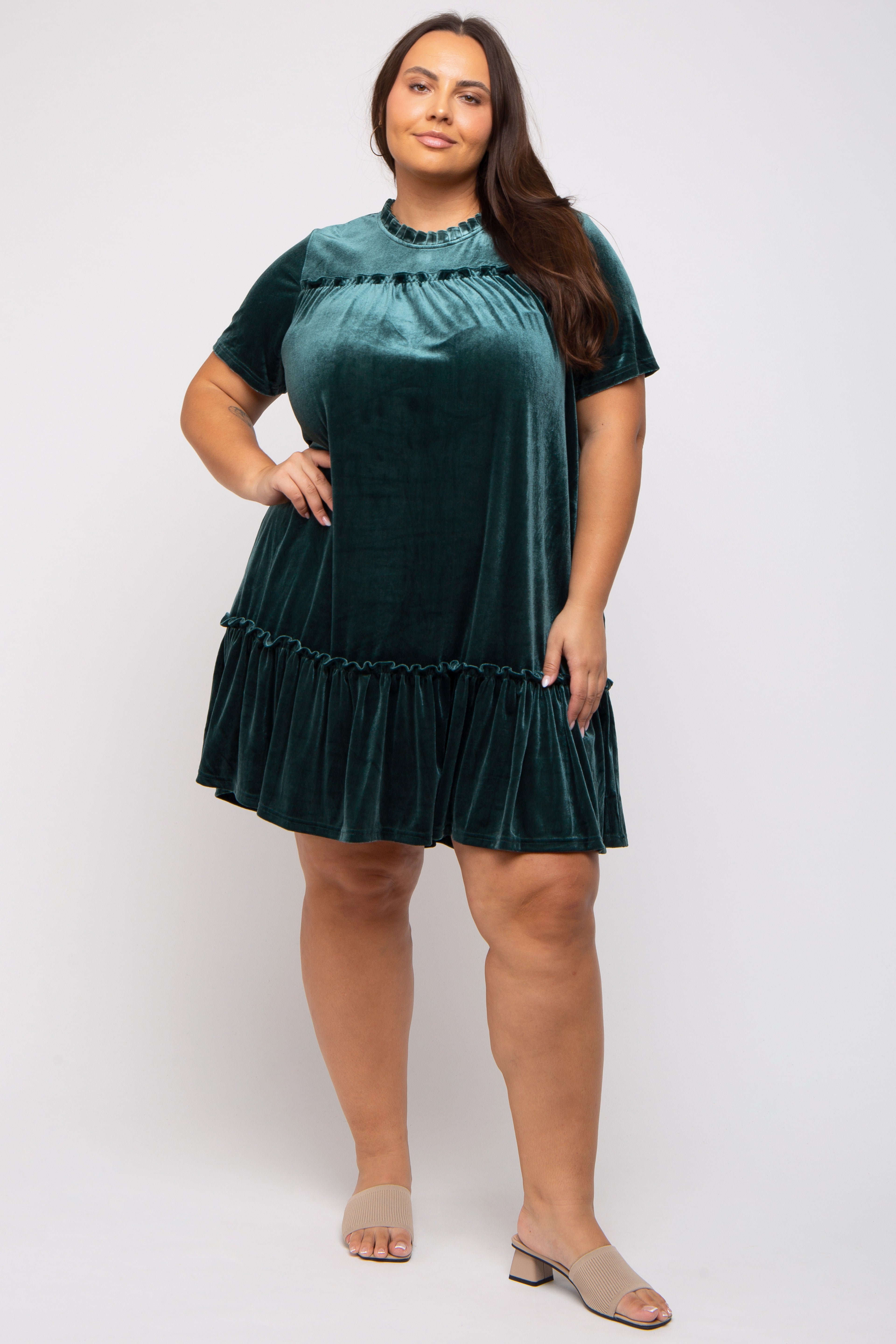 Dark Jade Ruffle Accent Velvet Plus Dress PinkBlush Dark Jade Ruffle Accent Velvet Plus Dress PinkBlush