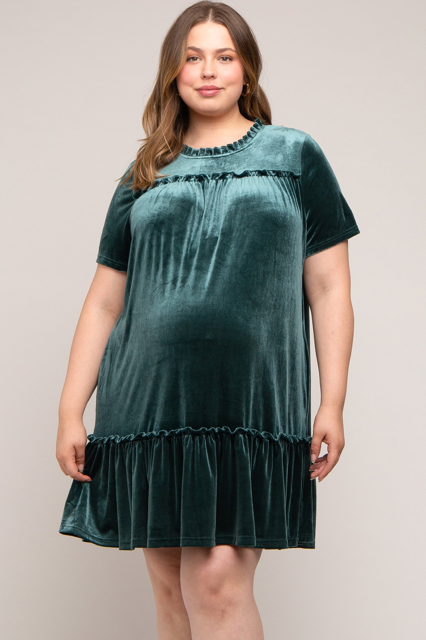 Dark Jade Ruffle Accent Velvet Maternity Plus Dress