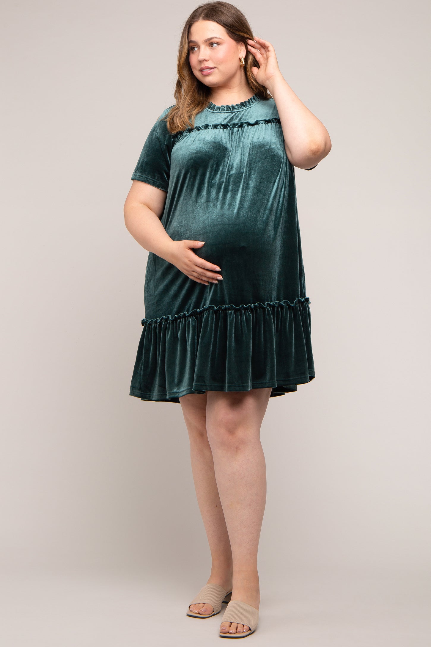 Dark Jade Ruffle Accent Velvet Maternity Plus Dress