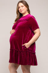 Burgundy Ruffle Accent Velvet Maternity Plus Dress