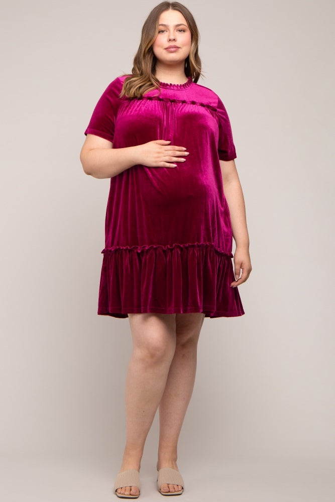 Burgundy Ruffle Accent Velvet Maternity Plus Dress