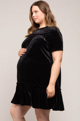 Black Ruffle Accent Velvet Maternity Plus Dress