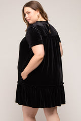 Black Ruffle Accent Velvet Maternity Plus Dress