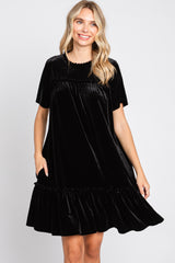 Black Ruffle Accent Velvet Maternity Dress