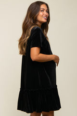 Black Ruffle Accent Velvet Maternity Dress
