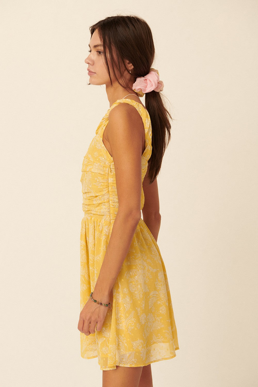 Yellow Floral Swiss Dot Chiffon One Shoulder Mini Dress Small Yellow Floral Swiss Dot Chiffon One Shoulder Mini Dress Small