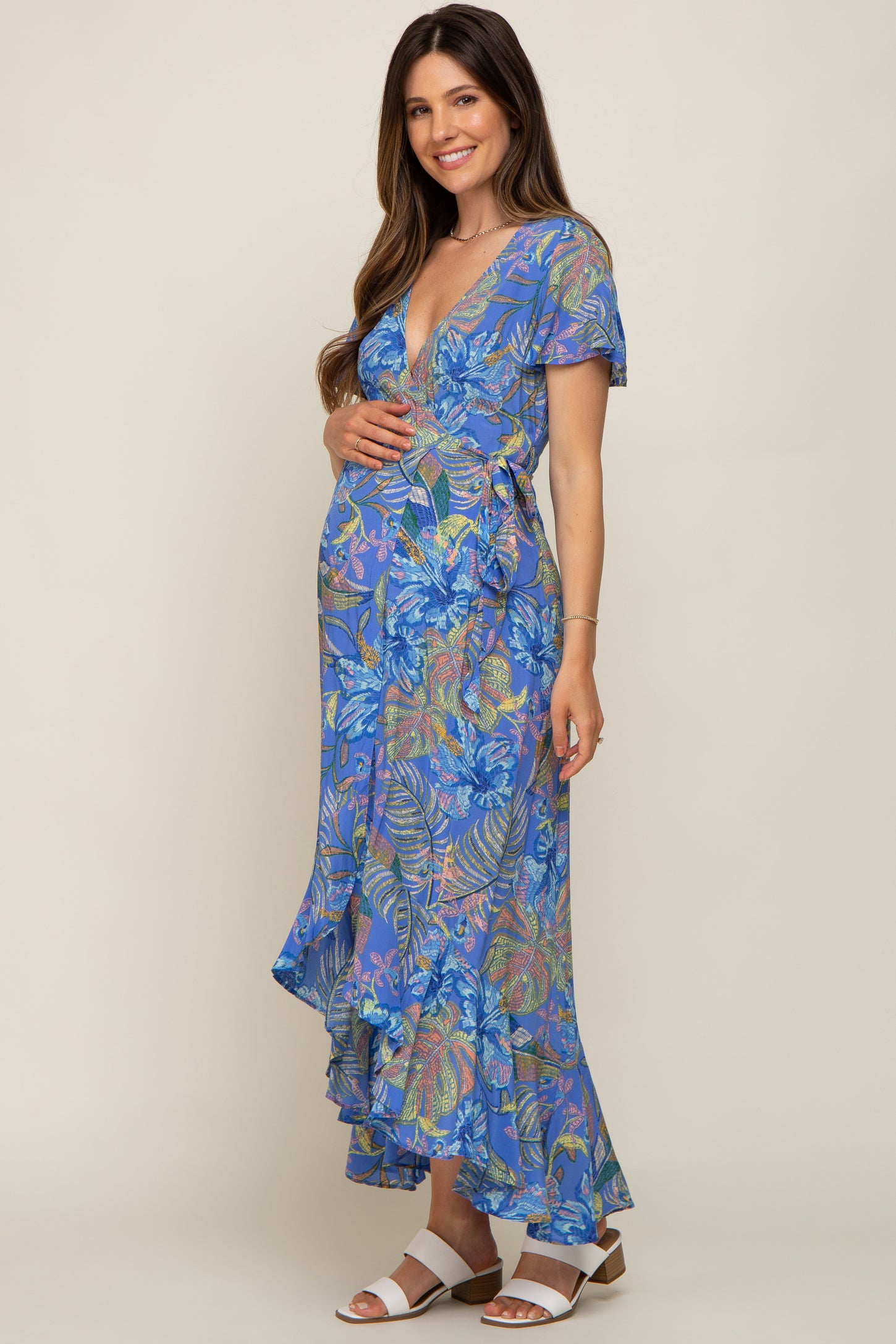 Blue Leaf Print Wrap Maternity Maxi Dress