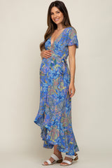 Blue Leaf Print Wrap Maternity Maxi Dress