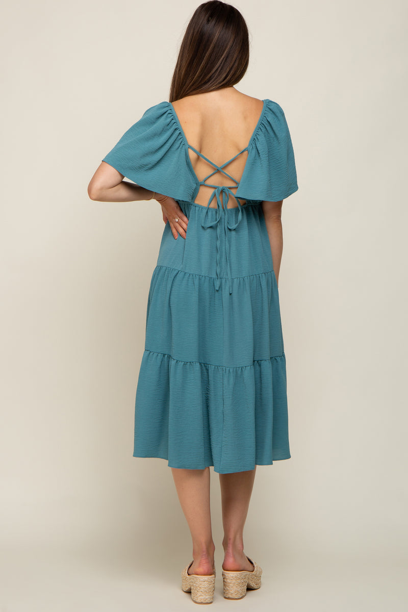 Teal Tiered Criss Cross Back Maternity Midi Dress– PinkBlush