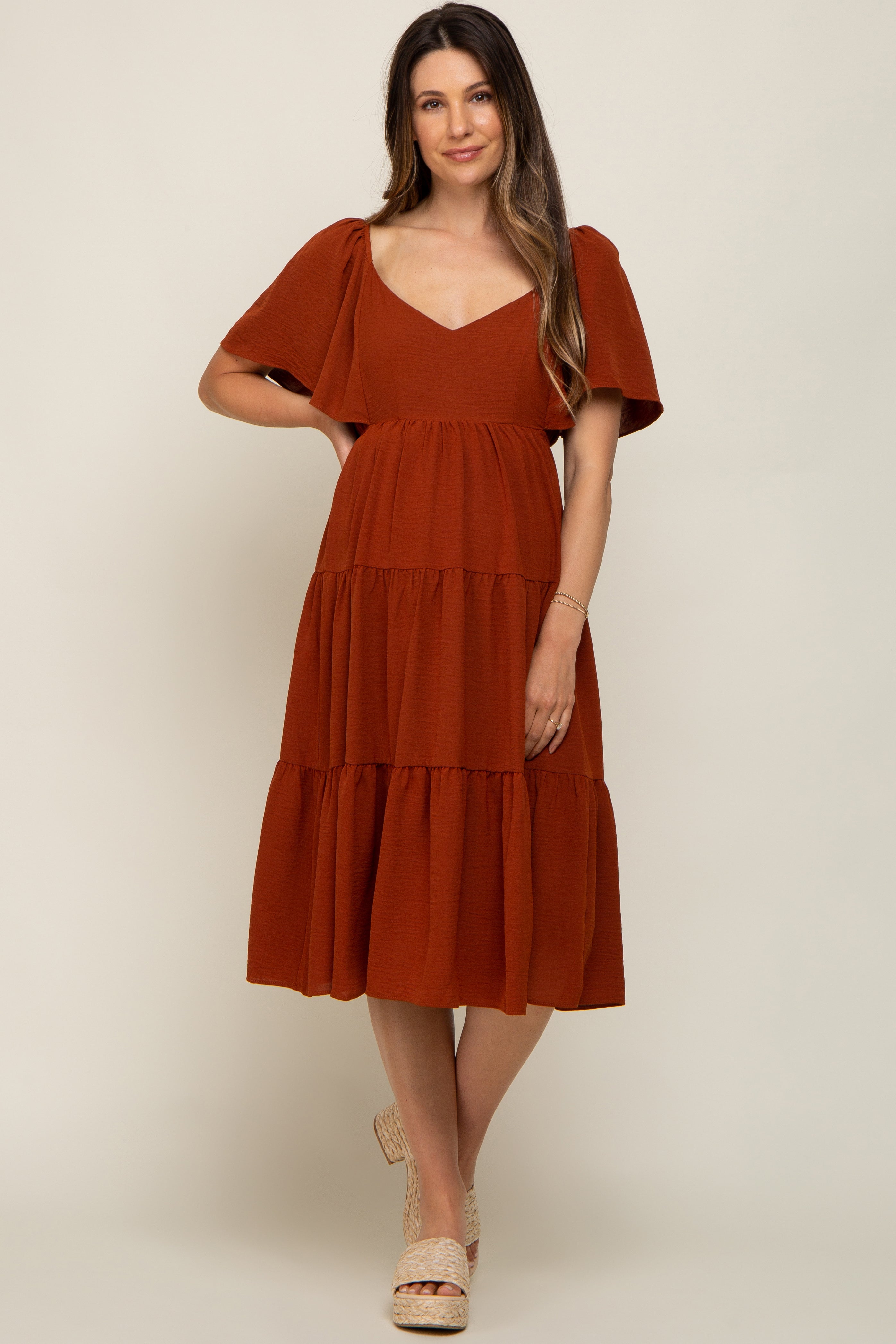 Rust Tiered Criss Cross Back Maternity Midi Dress – PinkBlush