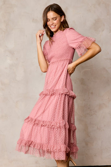 Pink Polka Dot Tulle Smocked Midi Dress