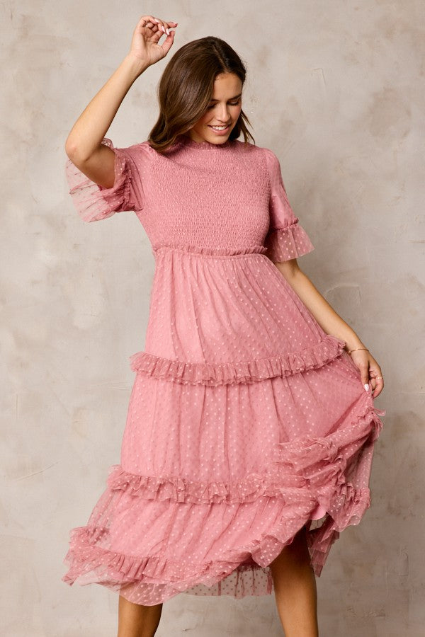 Pink Polka Dot Tulle Smocked Midi Dress