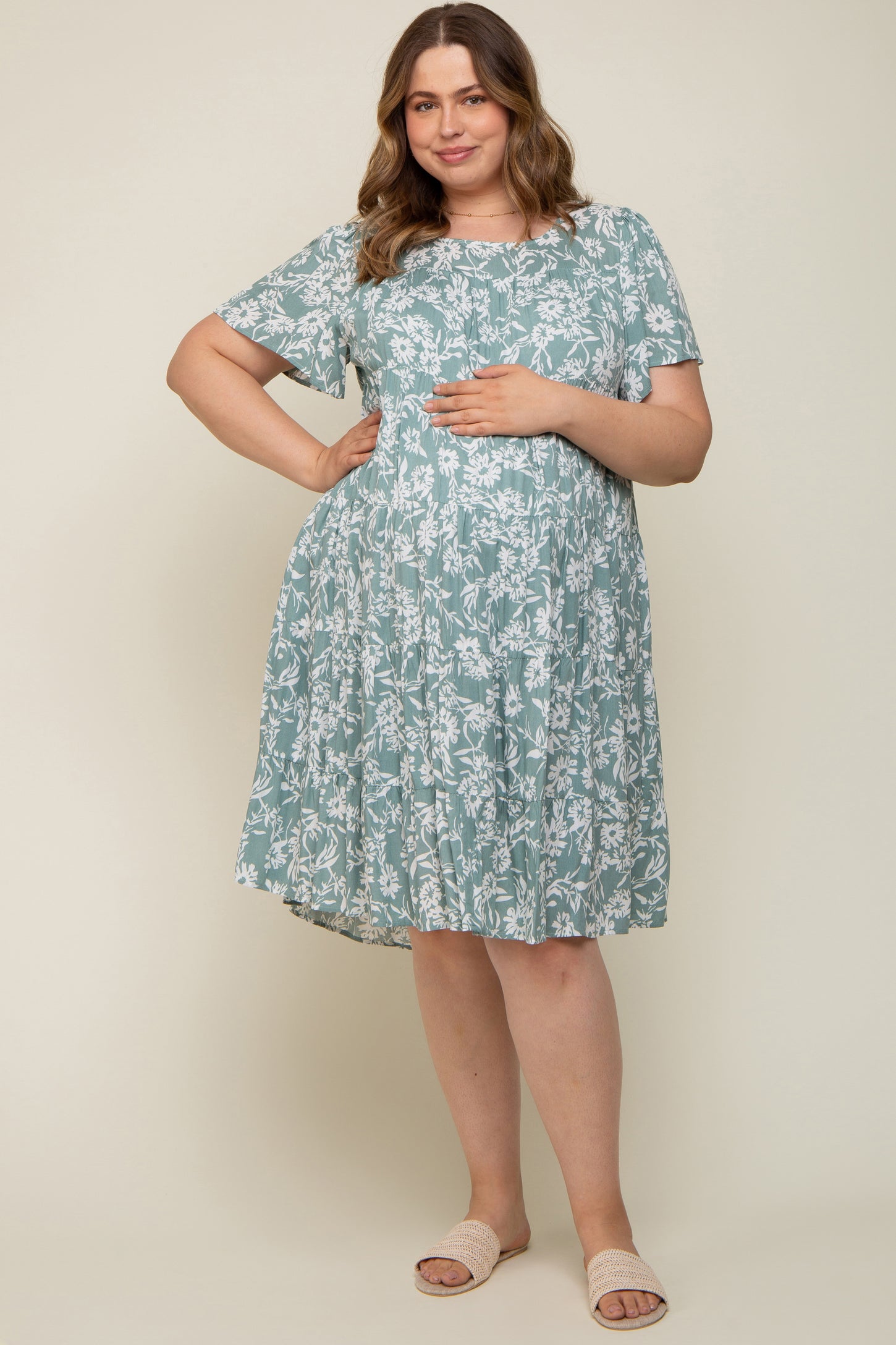 Mint Green Floral Tiered Short Sleeve Maternity Plus Midi Dress PinkBlush Mint Green Floral Tiered Short Sleeve Maternity Plus Midi Dress PinkBlush