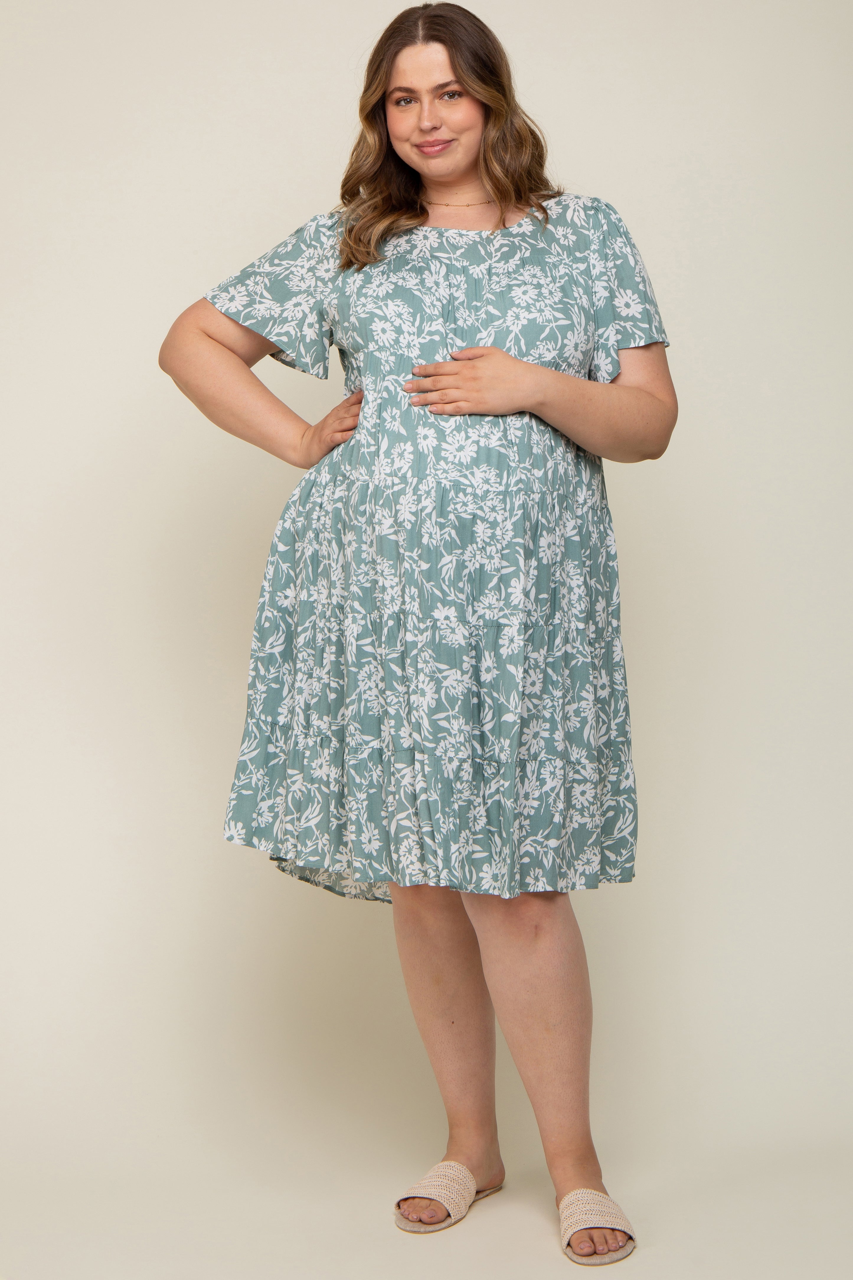 Mint Green Floral Tiered Short Sleeve Maternity Plus Midi Dress PinkBlush Mint Green Floral Tiered Short Sleeve Maternity Plus Midi Dress PinkBlush