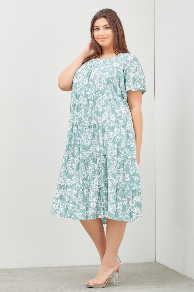 Mint Green Floral Tiered Short Sleeve Plus Midi Dress Mint Green Floral Tiered Short Sleeve Plus Midi Dress