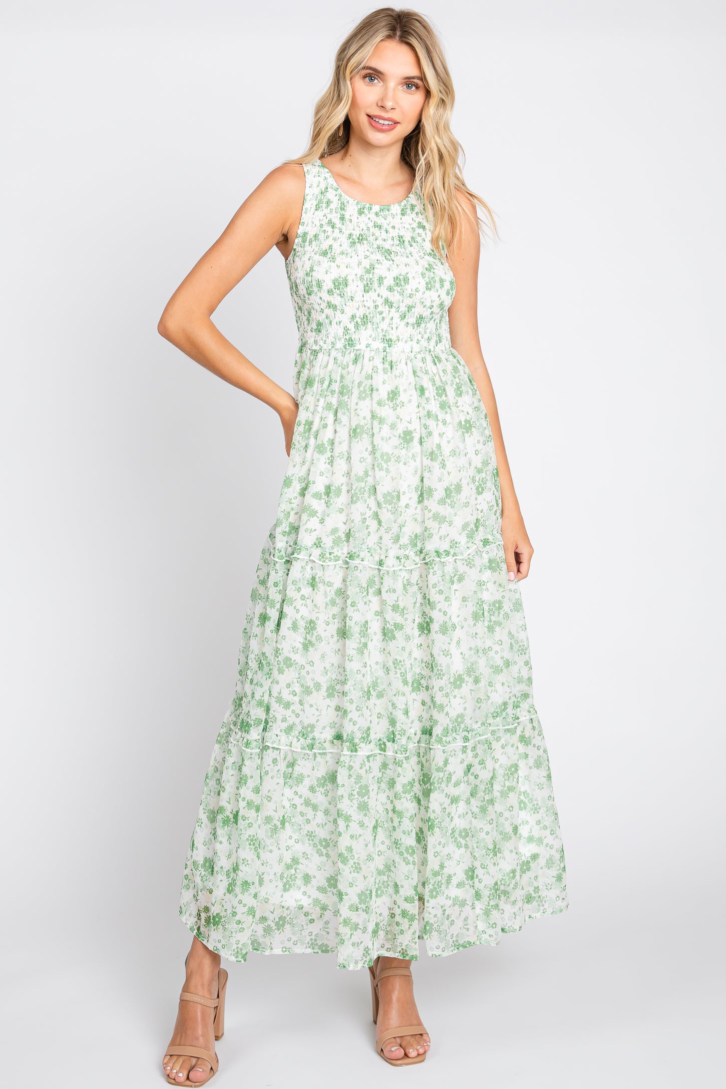 Green Floral Sleeveless Tiered Maxi Dress