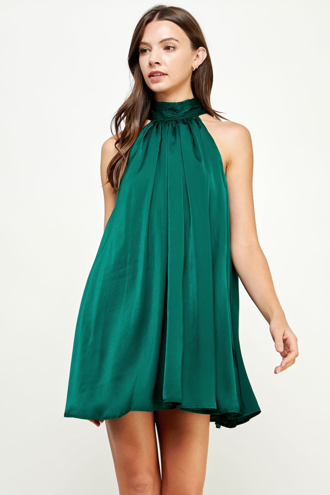 Green Mock Neck Halter Satin Mini Dress PinkBlush Green Mock Neck Halter Satin Mini Dress PinkBlush