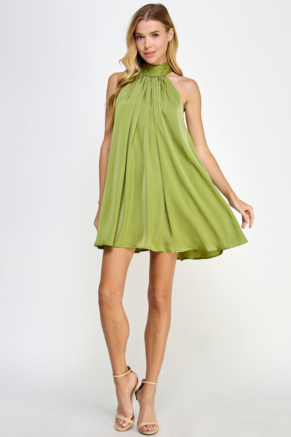 Lime Mock Neck Halter Satin Mini Dress PinkBlush Lime Mock Neck Halter Satin Mini Dress PinkBlush