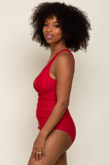 Red Front Twist Open Back One Piece Swimsuit