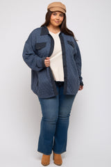 Navy Blue Colorblock Quilted Plus Shirt Jacket